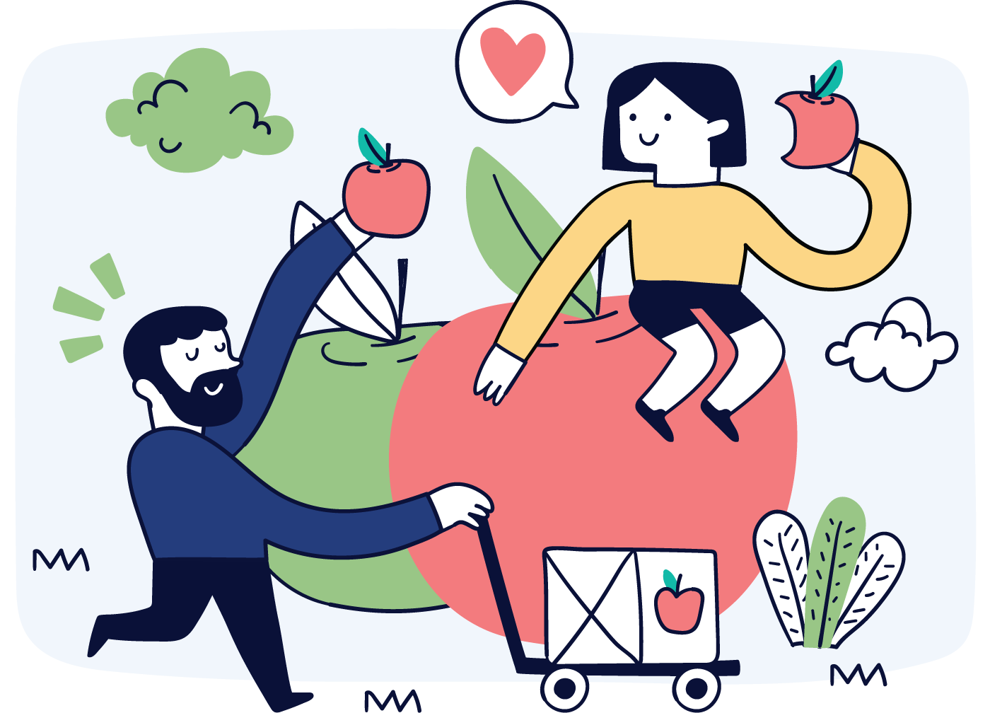 decorative vector art of two people, one is sitting on a giant apple 